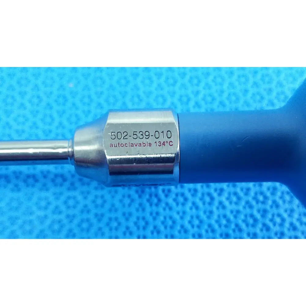 Silver Stryker ideal eyes 5mm autoclavable endoscope with blue ergonomic handle and engraved model number 502-539-010