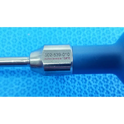 Silver Stryker ideal eyes 5mm autoclavable endoscope with blue ergonomic handle and engraved model number 502-539-010