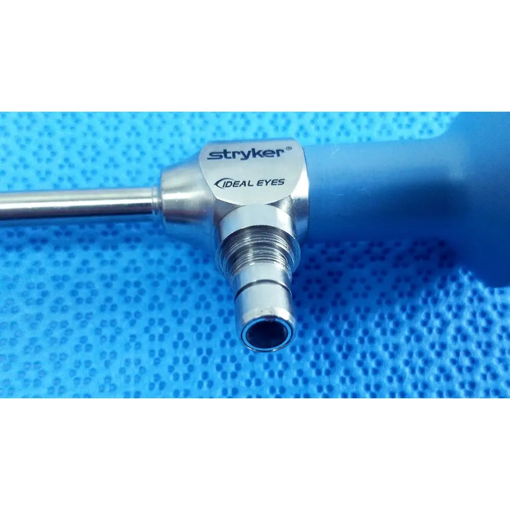 Stryker ideal eyes 5mm autoclavable endoscope with metallic silver body and blue ergonomic handle for surgical use