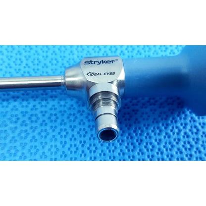 Stryker ideal eyes 5mm autoclavable endoscope with metallic silver body and blue ergonomic handle for surgical use