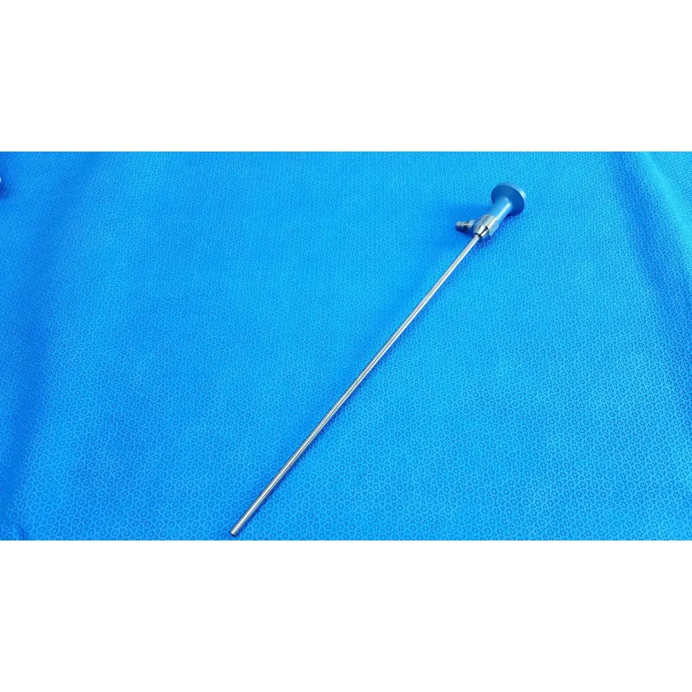 Silver surgical endoscope with blue-handled control knob and metallic shaft ideal eyes 5mm autoclavable by stryker