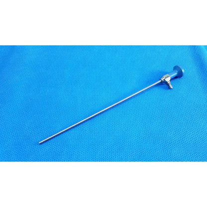 Silver ideal eyes 5mm surgical endoscope with blue ergonomic handle and metallic joints for precise medical use