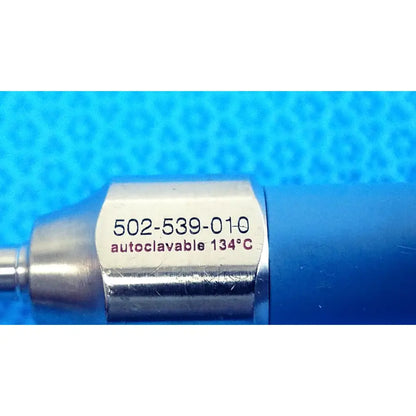 Silver metallic cylindrical stryker ideal eyes 5mm autoclavable endoscope with blue plastic housing and engraved label