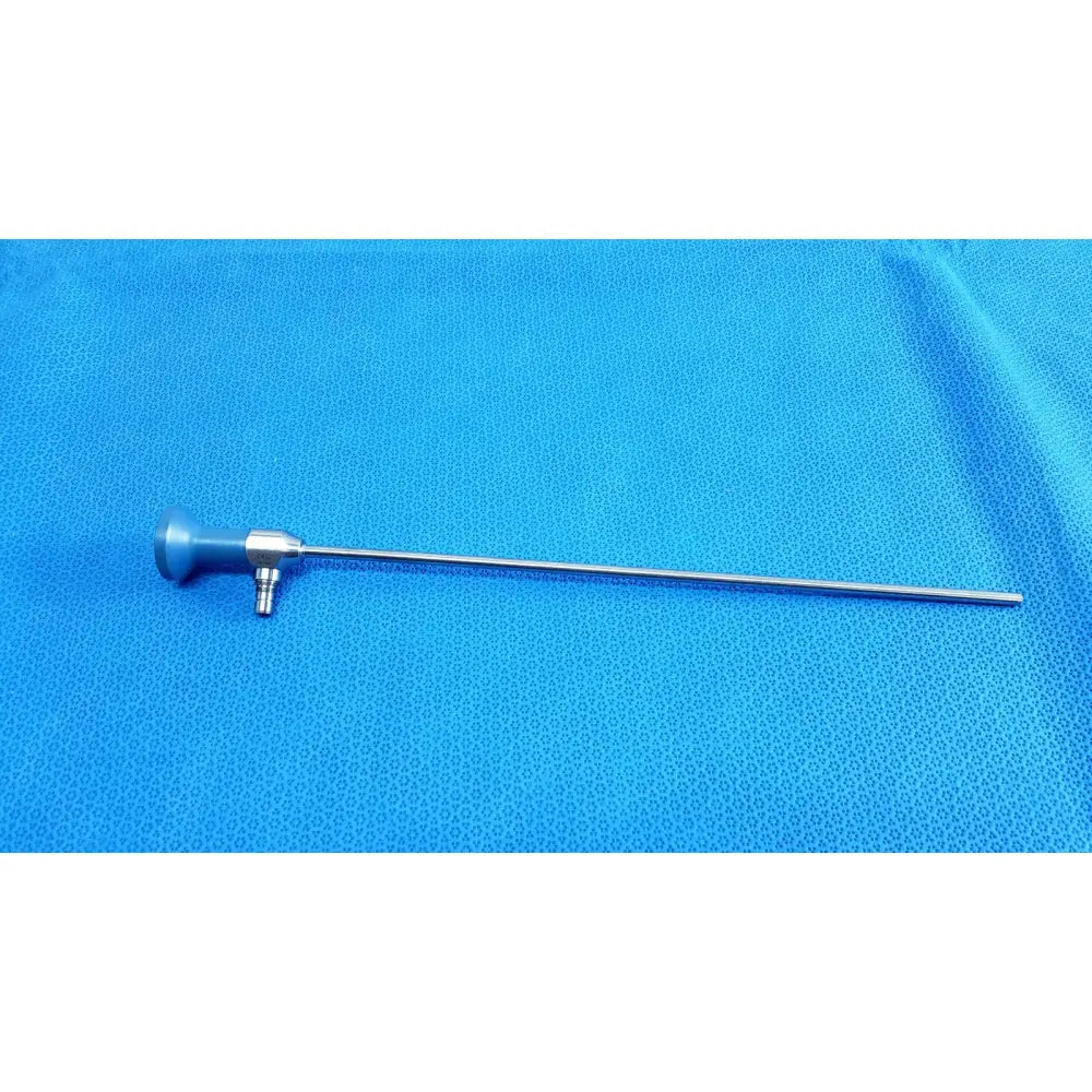 Silver ideal eyes 5mm surgical endoscope with blue-handled control knob and metallic shaft for precision use