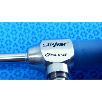 Stryker 502-539-010 ideal eyes 5mm endoscope with metallic silver head and blue ergonomic handle for surgical use