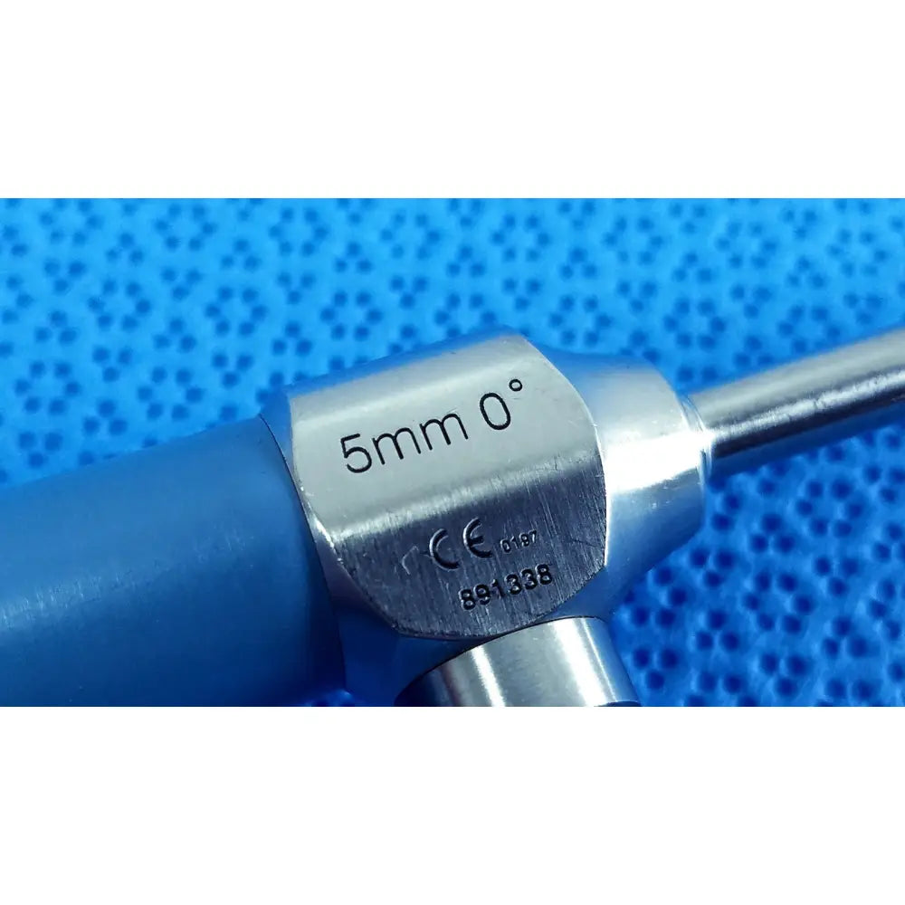 Silver 5mm 0 degree autoclavable surgical instrument with blue handle and engraved markings from stryker ideal eyes 5mm