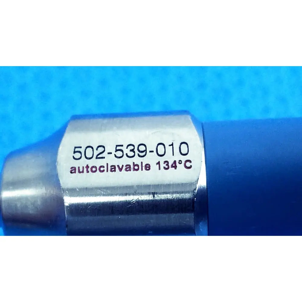 Silver metallic cylindrical autoclavable endoscope with white label code 502-539-010 ideal eyes 5mm by stryker