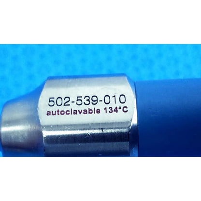 Silver metallic cylindrical autoclavable endoscope with white label code 502-539-010 ideal eyes 5mm by stryker