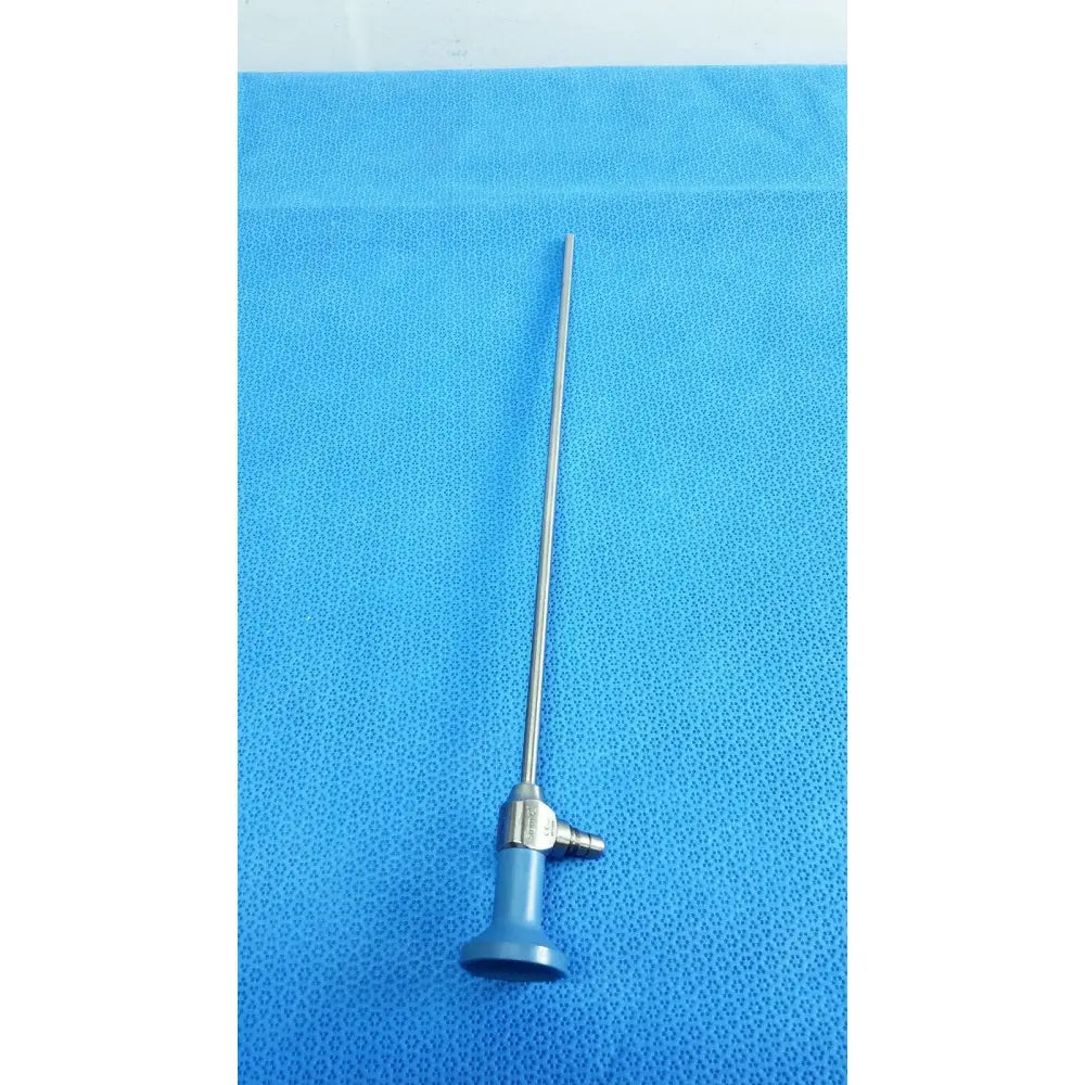 Silver surgical endoscope with a blue handle and metallic joints stryker ideal eyes 5mm autoclavable endoscope