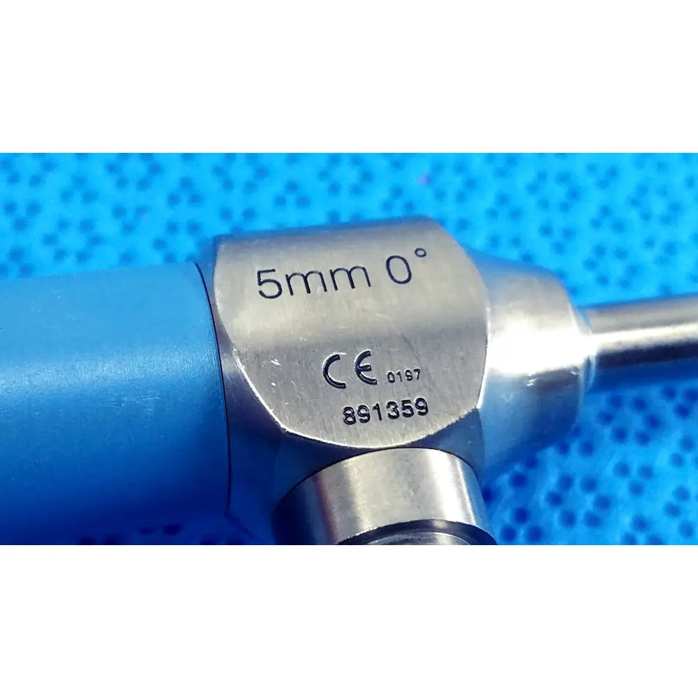 Silver surgical endoscope with blue handle marked 5mm 0° featuring ce certification for ideal eyes 5mm use