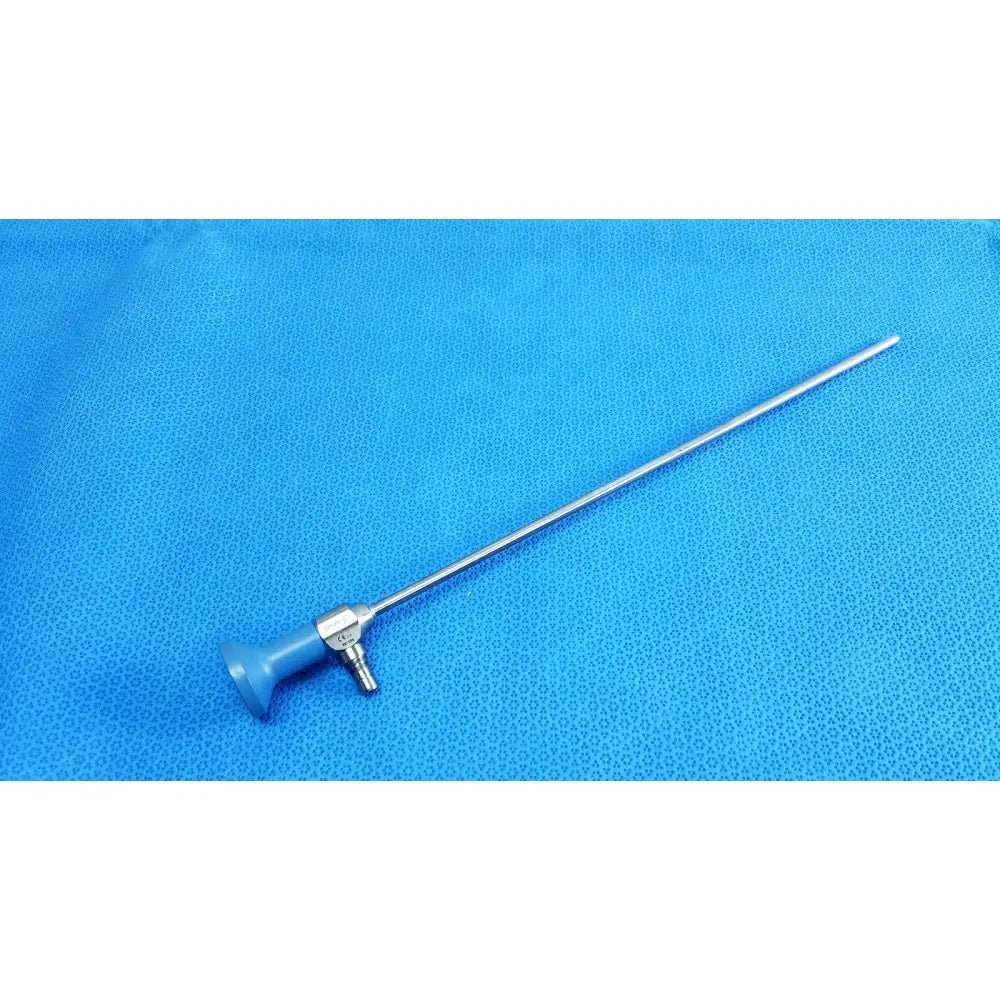 Silver surgical endoscope with blue plastic handle and metallic joints from stryker ideal eyes 5mm autoclavable model 891359