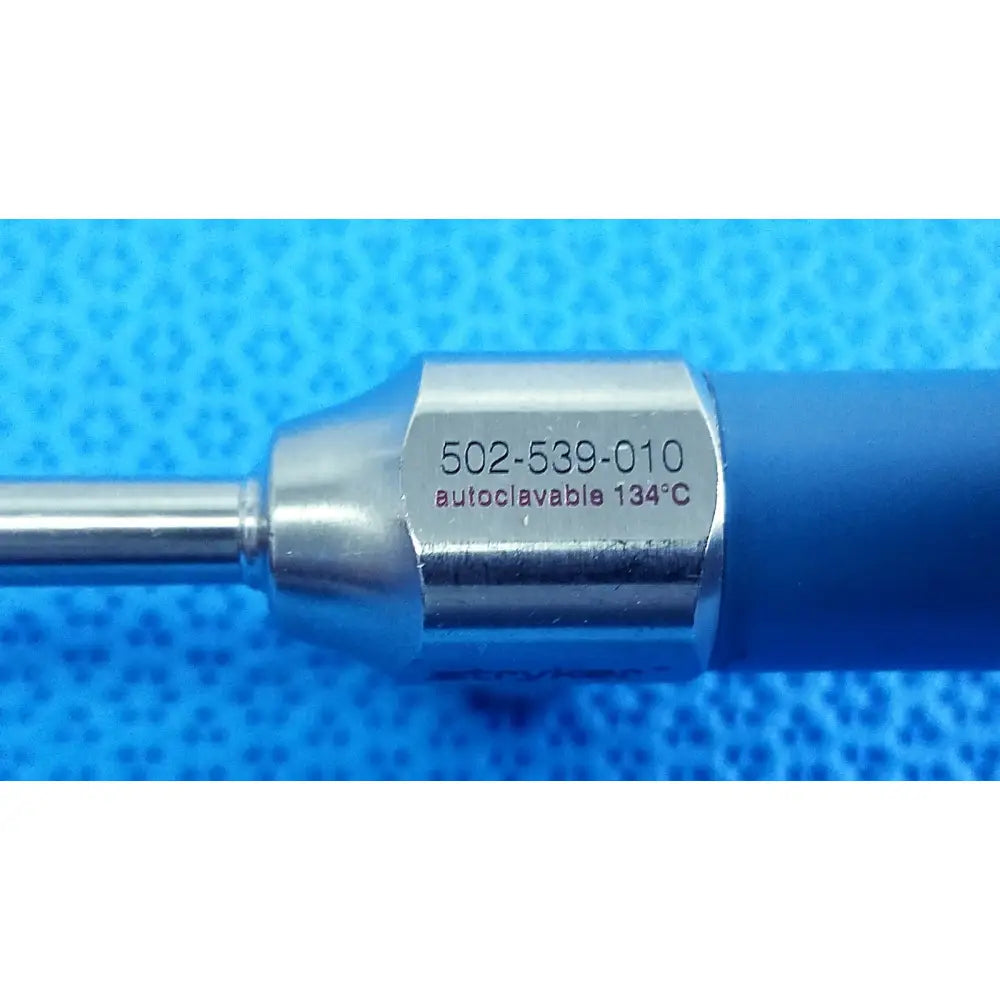 Silver metallic stryker ideal eyes 5mm autoclavable endoscope with blue rubberized grip and engraved model number 502-539-010