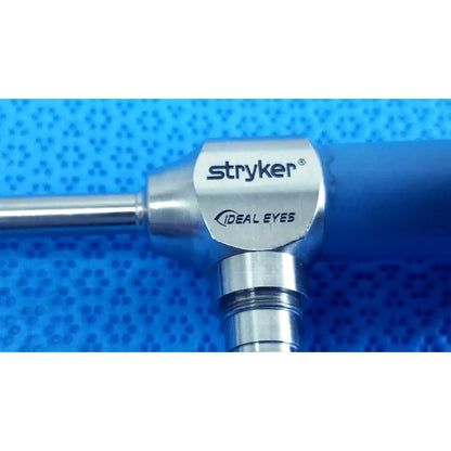 Stryker ideal eyes 5mm 0° autoclavable endoscope with metallic silver body and blue ergonomic grip for surgical use
