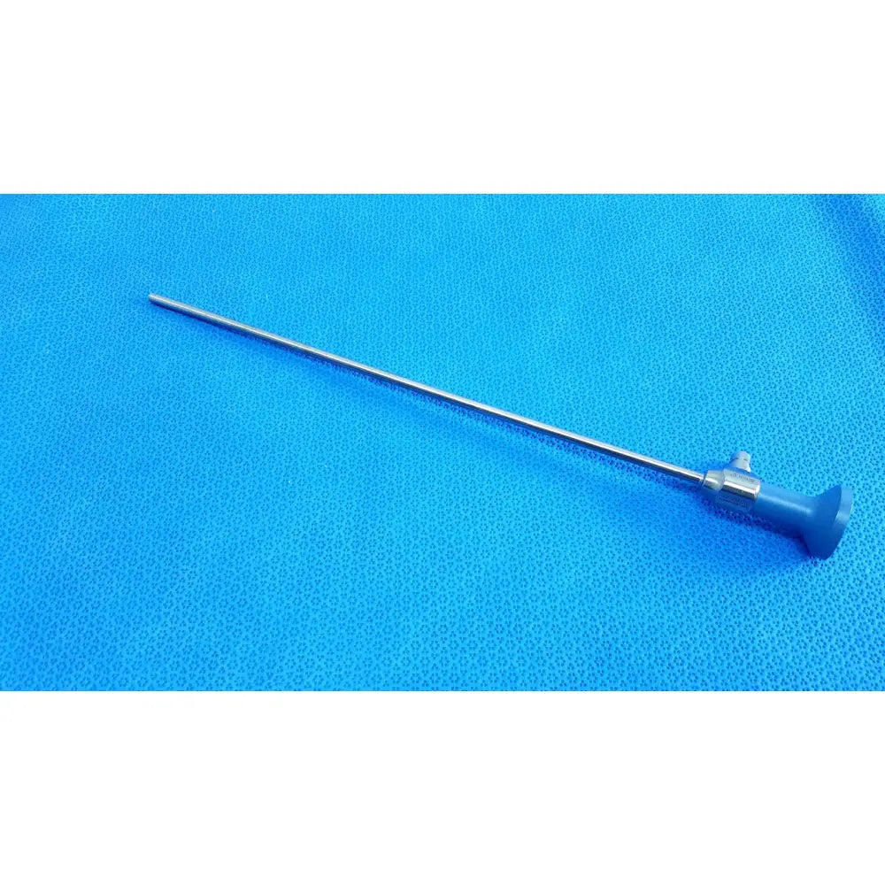 Blue-handled surgical instrument with a long metallic shaft from stryker ideal eyes 5mm autoclavable endoscope model 502-539-010