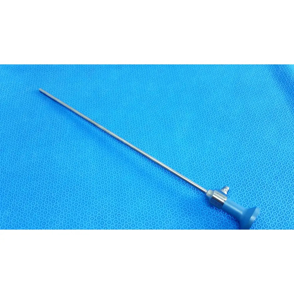 Silver ideal eyes 5mm surgical endoscope with blue handle and metallic joints for medical use by stryker