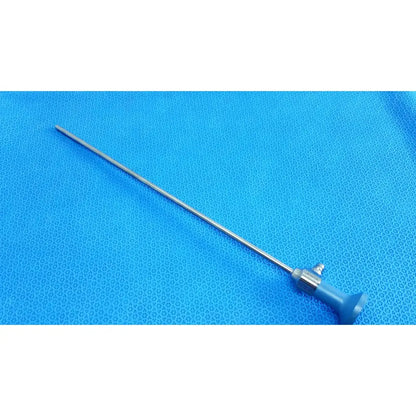 Silver ideal eyes 5mm surgical endoscope with blue handle and metallic joints for medical use by stryker