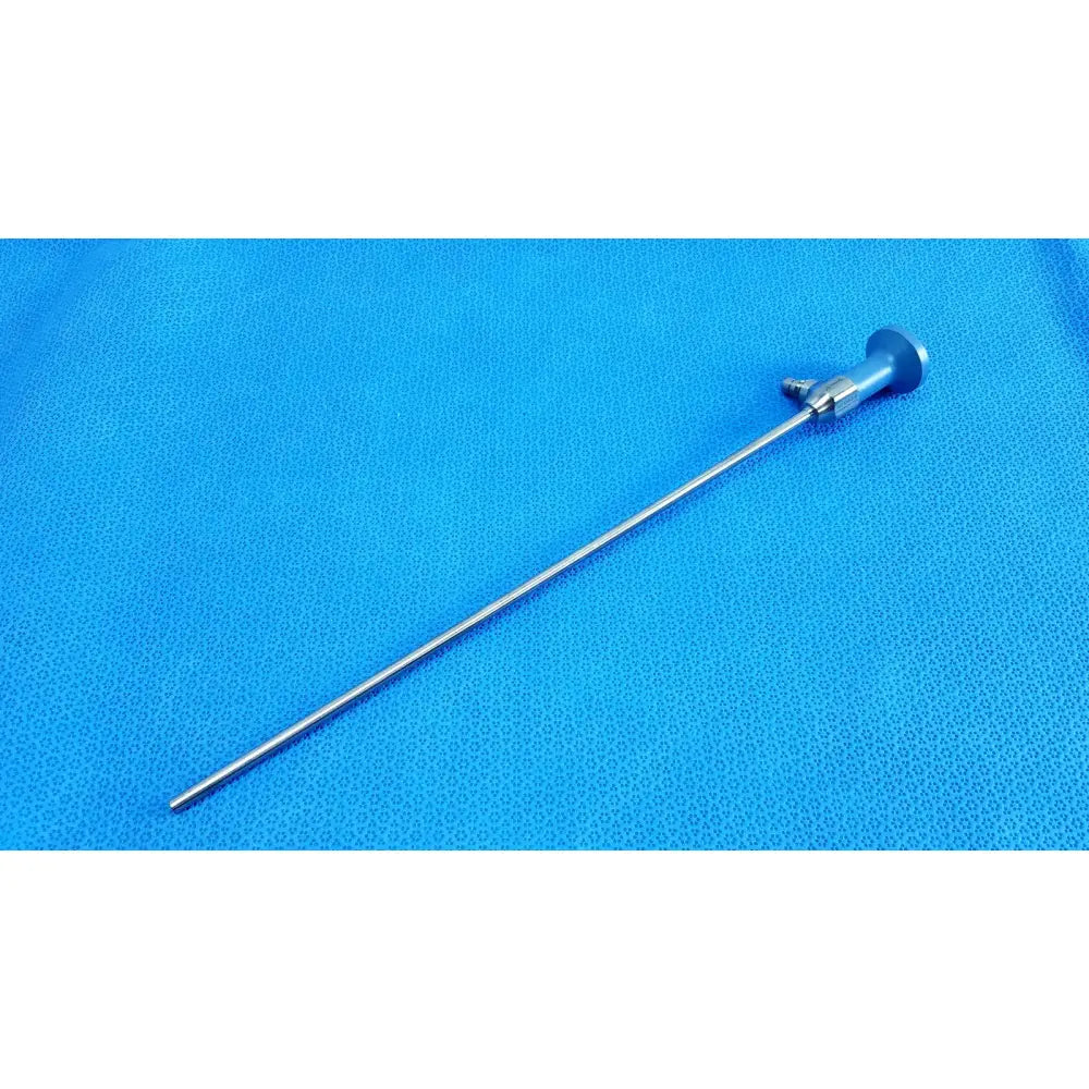 Silver surgical endoscope with blue-handled control knob and metallic shaft ideal eyes 5mm autoclavable model