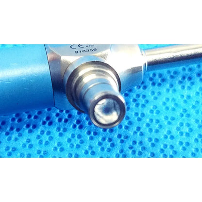 Silver surgical instrument with blue handle and engraved certification markings for stryker ideal eyes 5mm endoscope