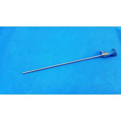 Silver surgical ideal eyes 5mm endoscope with blue ergonomic handle and metallic shaft by Stryker