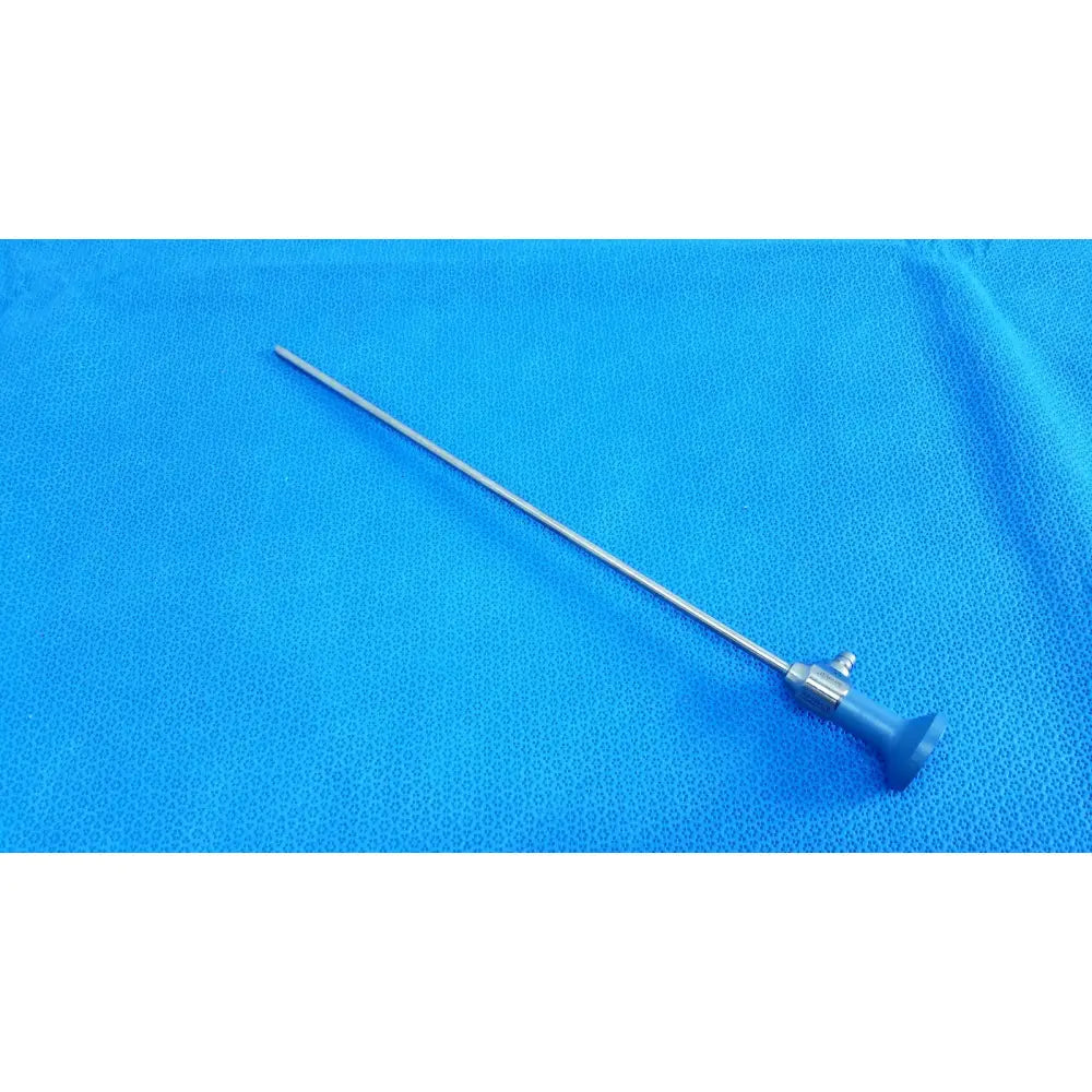 Silver metallic surgical endoscope with blue ergonomic handle and joints ideal eyes 5mm autoclavable by Stryker