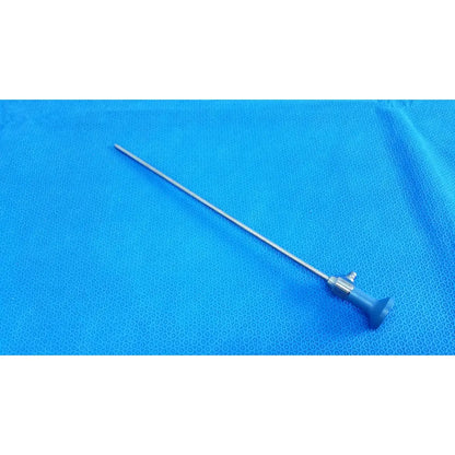 Silver metallic surgical endoscope with blue ergonomic handle and joints ideal eyes 5mm autoclavable by Stryker