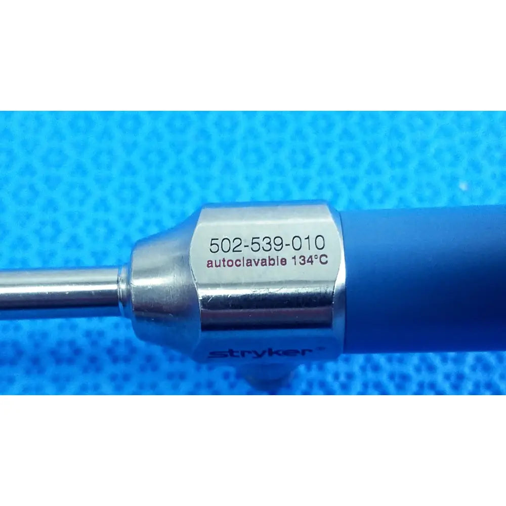 Blue-handled stryker ideal eyes 5mm autoclavable endoscope with metallic shaft and model number 502-539-010 visible