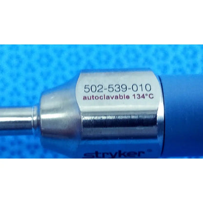 Silver metallic autoclavable endoscope with blue handle featuring Stryker brand and model 502-539-010 ideal eyes 5mm