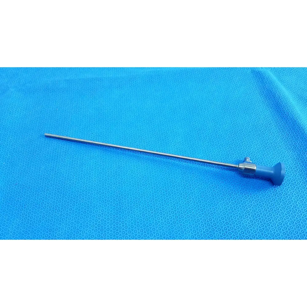 Silver surgical endoscope with blue handle and metallic joints stryker ideal eyes 5mm 0 degree autoclavable model