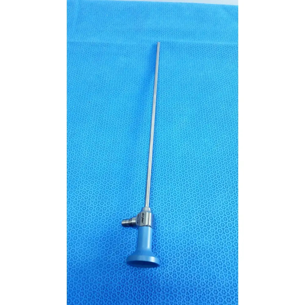 Silver surgical endoscope with blue handle and metallic shaft from stryker ideal eyes 5mm autoclavable series