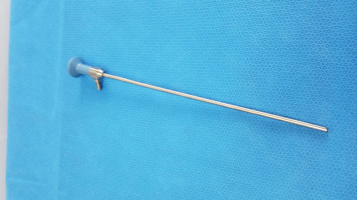 Stryker ideal eyes 5mm autoclavable endoscope with silver metallic shaft and blue-gray handle for surgical use