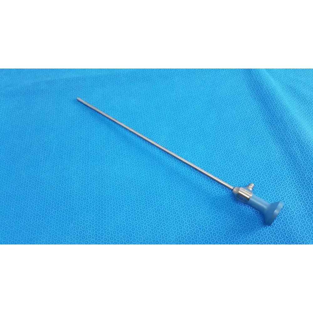 Silver surgical endoscope with blue plastic handle and metallic joints stryker ideal eyes 5mm autoclavable endoscope
