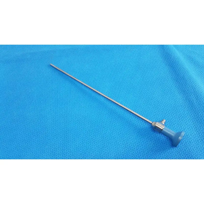 Silver surgical endoscope with blue plastic handle and metallic joints stryker ideal eyes 5mm autoclavable endoscope