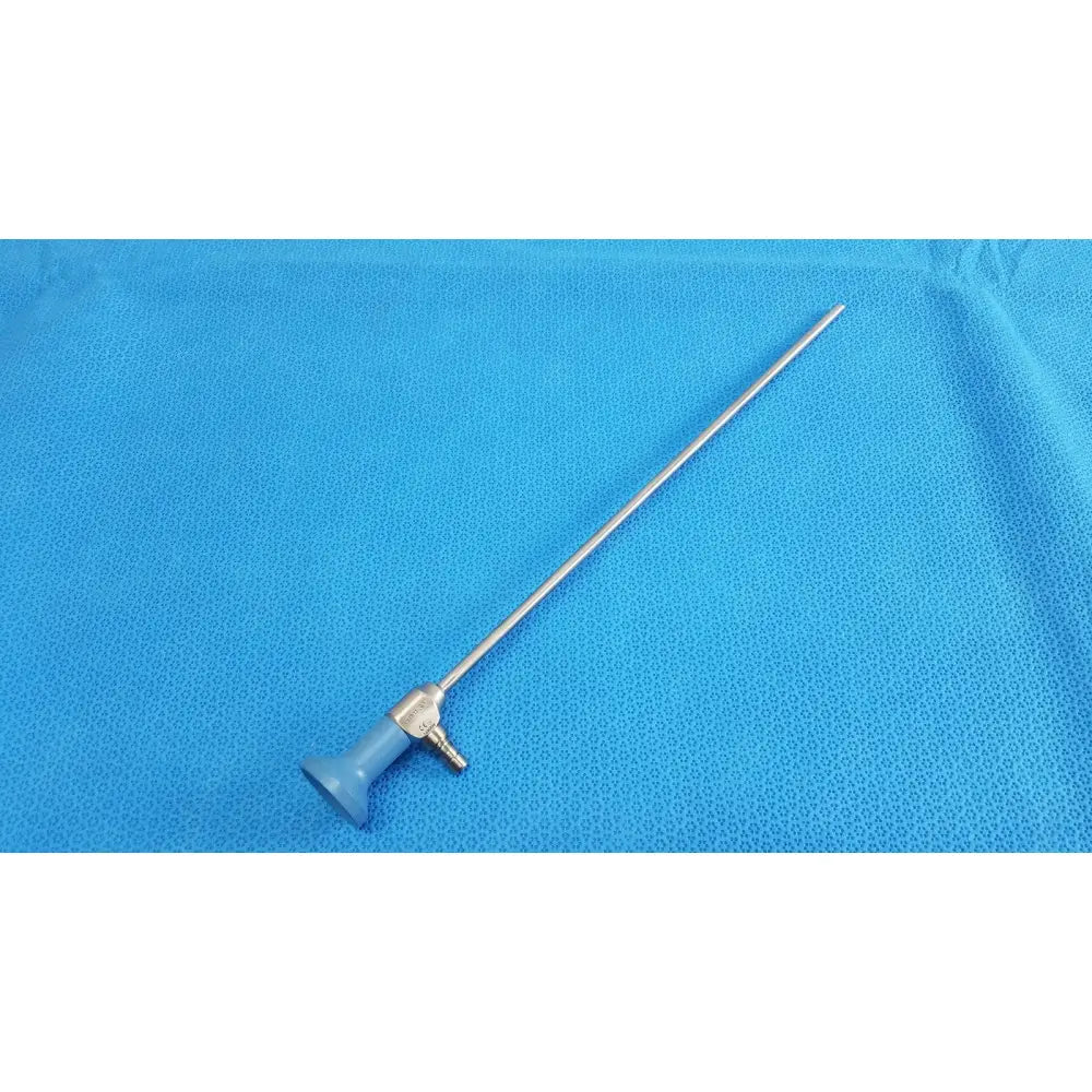 Silver surgical endoscope stryker ideal eyes 5mm with blue ergonomic handle and metallic joints for medical use
