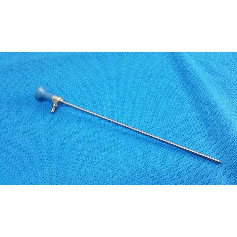 Silver surgical endoscope ideal eyes 5mm with blue ergonomic handle and metallic joints for precise medical use