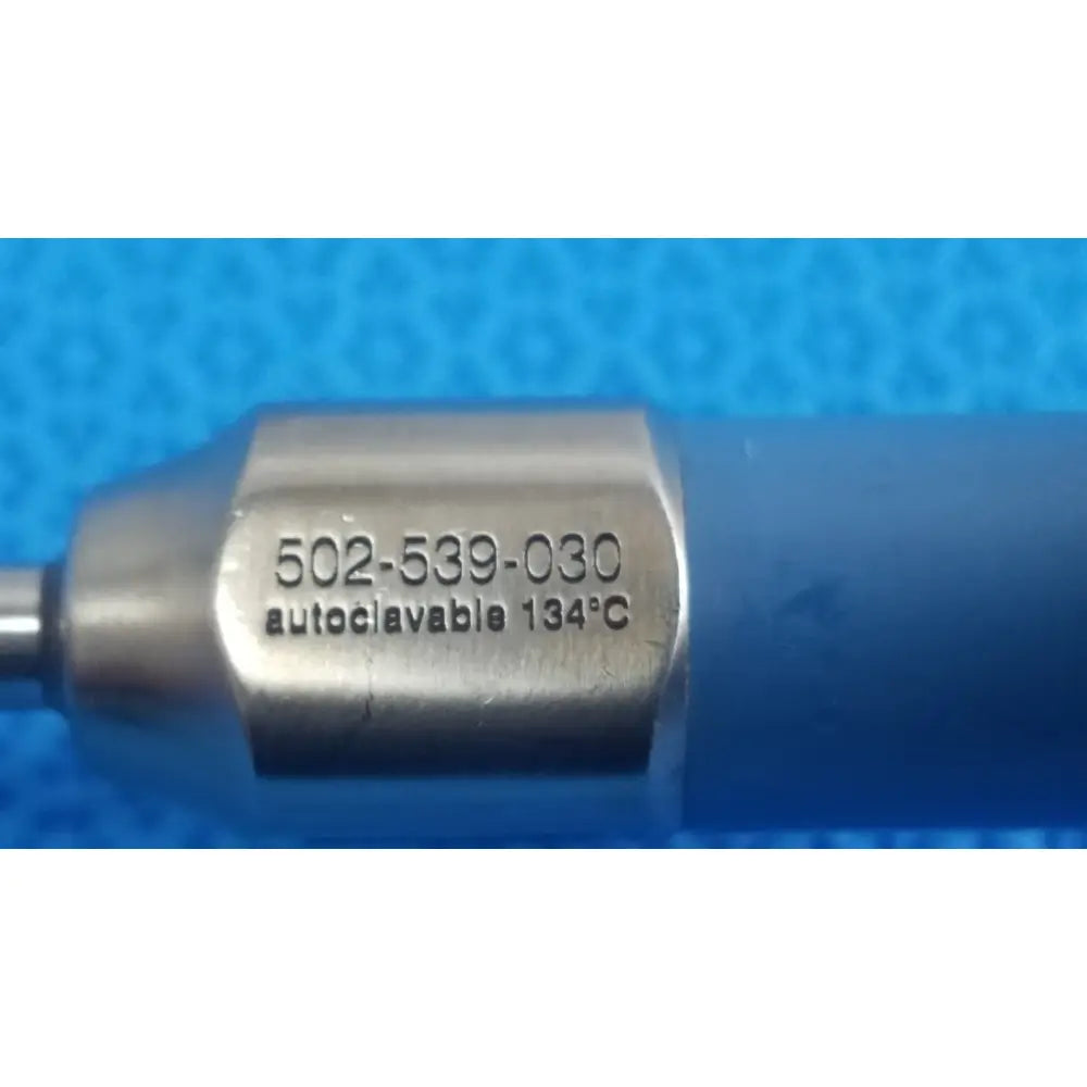 Silver metallic cylindrical ideal eyes 5mm autoclave endoscope with engraved serial number and temperature details