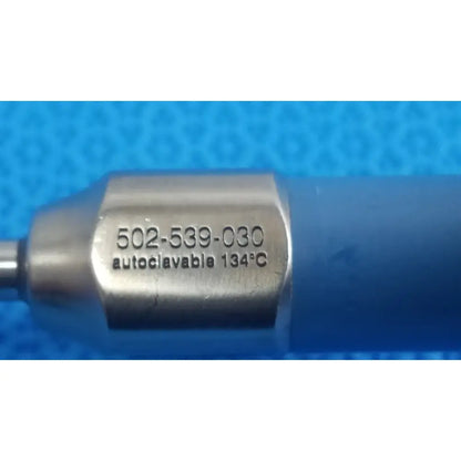 Silver metallic cylindrical ideal eyes 5mm autoclave endoscope with engraved serial number and temperature details