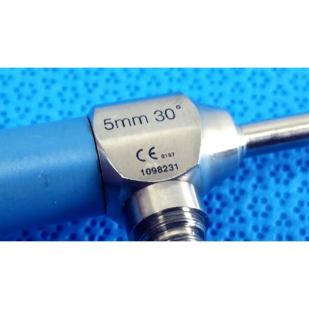 Silver metal stryker ideal eyes 5mm 30 degree endoscope with blue handle and engraved specifications on head