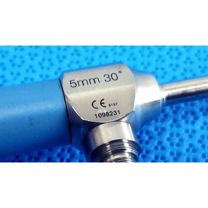 Silver metal stryker ideal eyes 5mm 30 degree endoscope with blue handle and engraved specifications on head