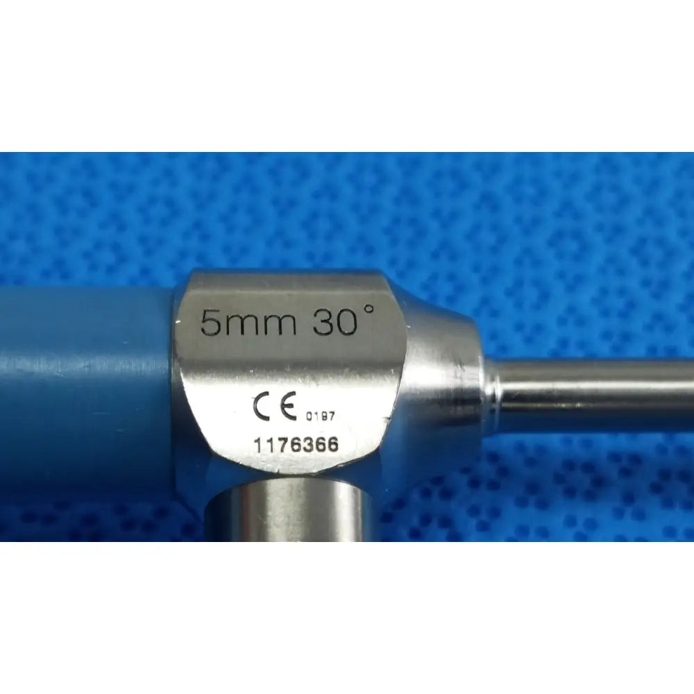 Silver stainless steel ideal eyes 5mm endoscope with blue handle and engraved specifications for surgical use