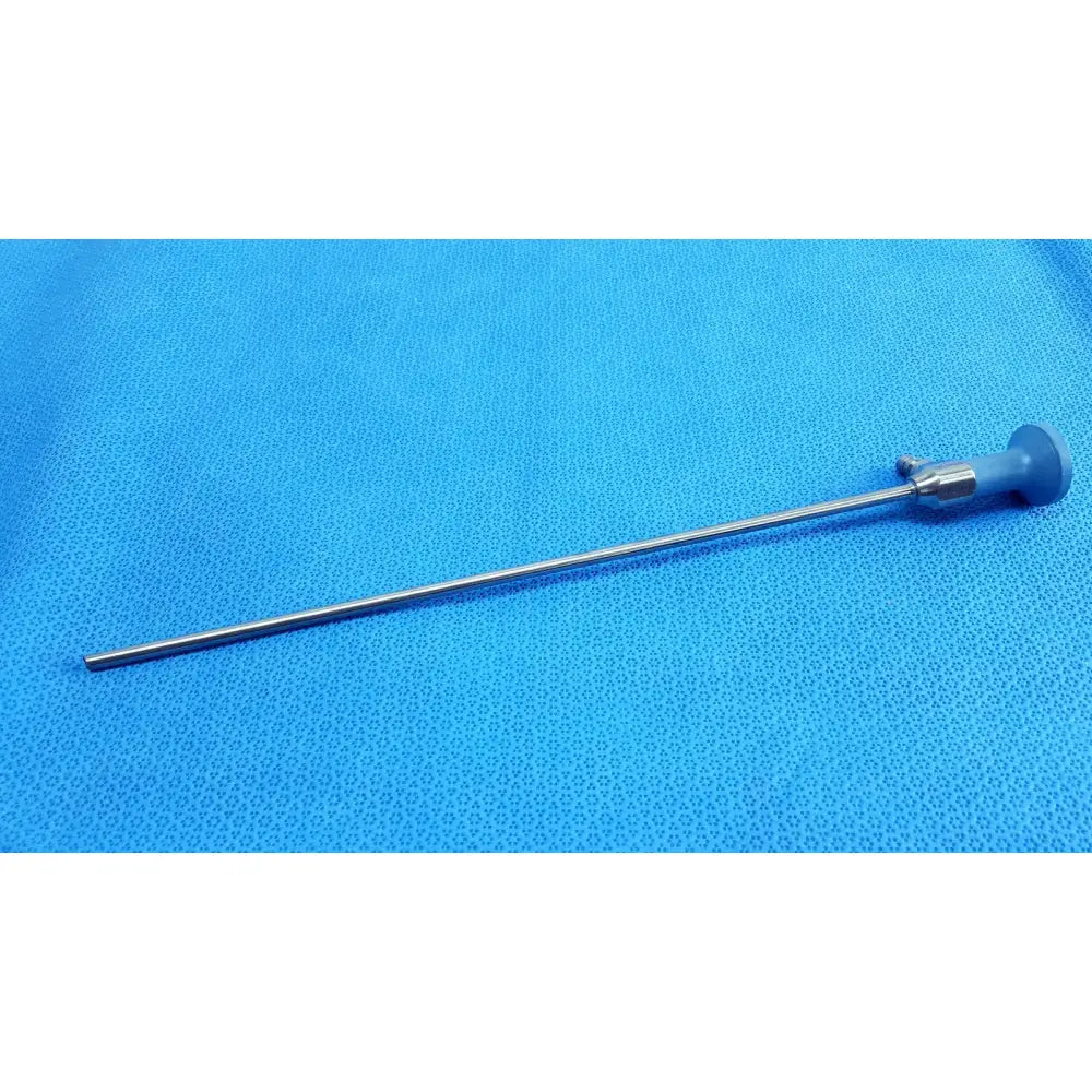 Silver Stryker ideal eyes 5mm 30° endoscope with slender metallic shaft and blue ergonomic handle for surgical use