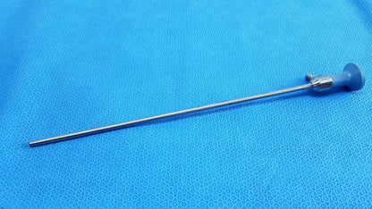 Silver Stryker ideal eyes 5mm 30° endoscope with slender metallic shaft and blue ergonomic handle for surgical use