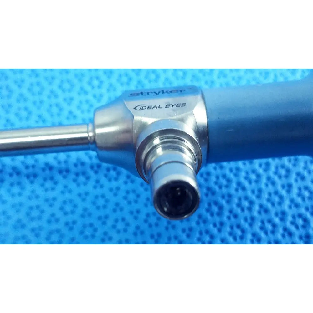 Stryker ideal eyes 5mm 30 degree endoscope with metallic silver body and blue handle, autoclavable design