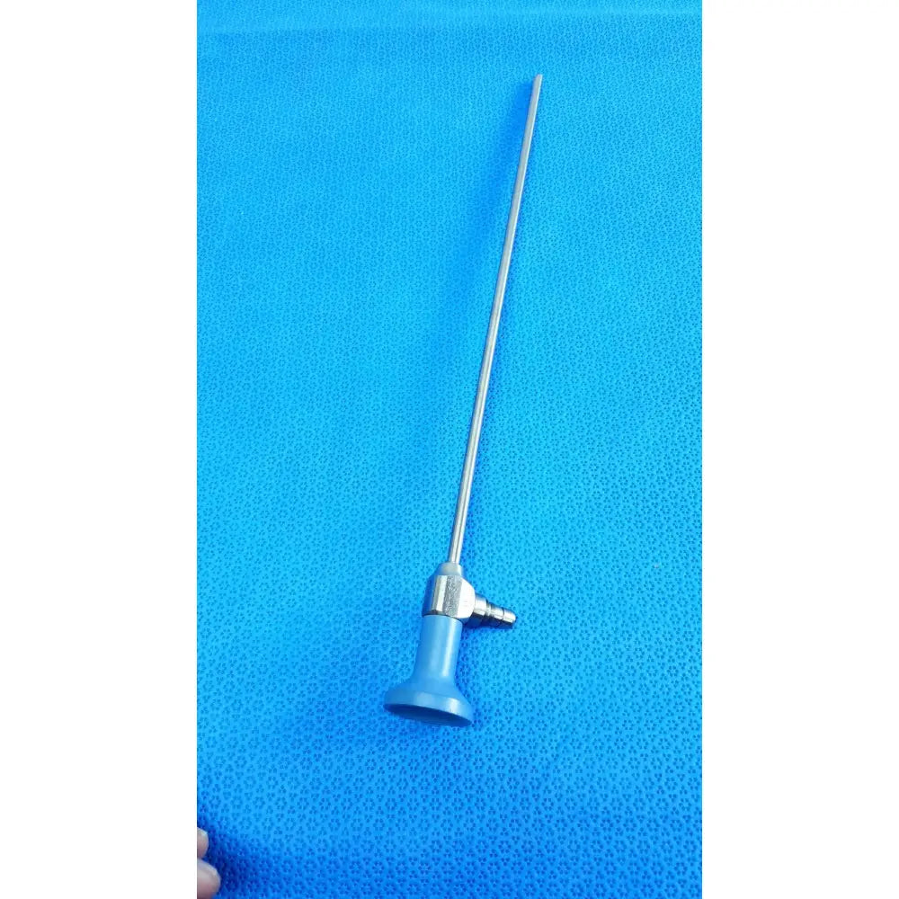 Silver surgical endoscope with blue plastic handle and metallic joints sryker ideal eyes 5mm 30° autoclavable model