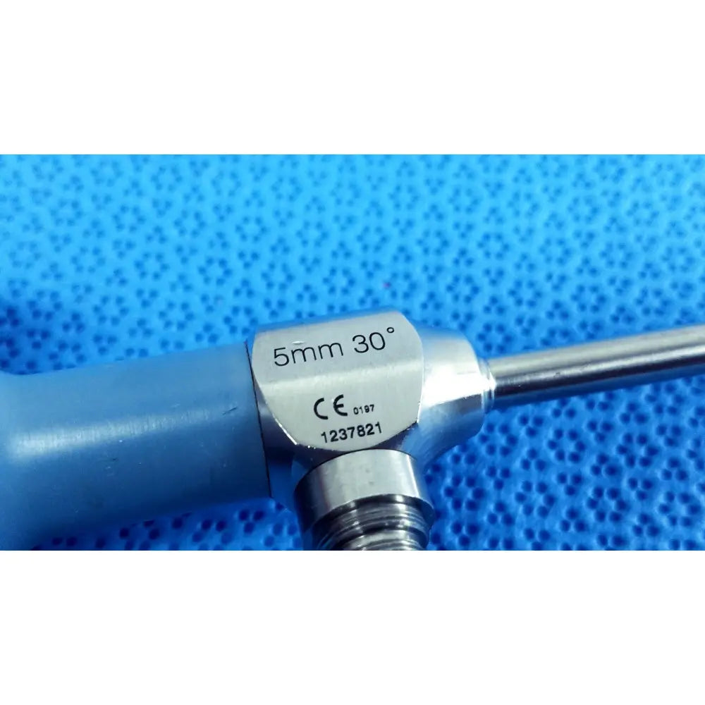 Silver 5mm 30 degree surgical endoscope with blue handle and engraved markings from stryker ideal eyes 5mm series