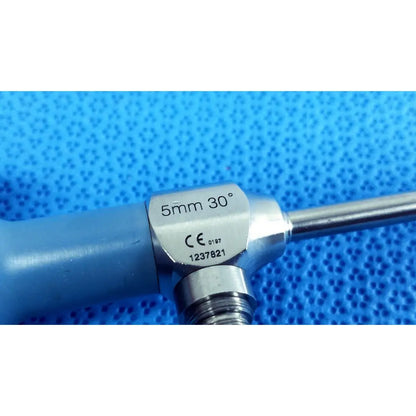 Silver 5mm 30 degree surgical endoscope with blue handle and engraved markings from stryker ideal eyes 5mm series