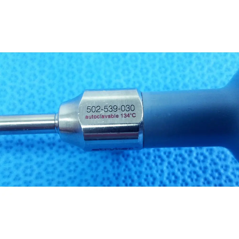 Silver metallic stryker ideal eyes 5mm endoscope with blue ergonomic handle and engraved serial number 502-539-030