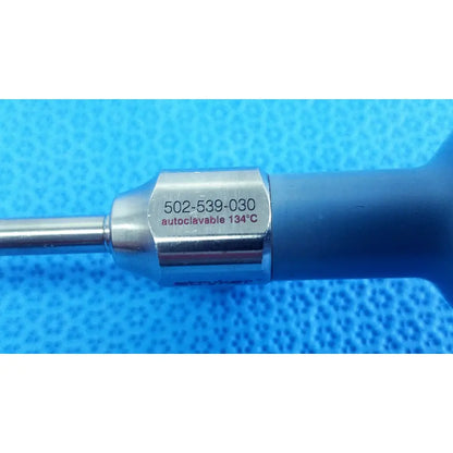 Silver metallic stryker ideal eyes 5mm endoscope with blue ergonomic handle and engraved serial number 502-539-030