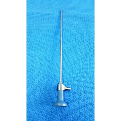 Silver surgical endoscope with a slender metallic shaft and gray handle with valve ideal eyes 5mm autoclavable model