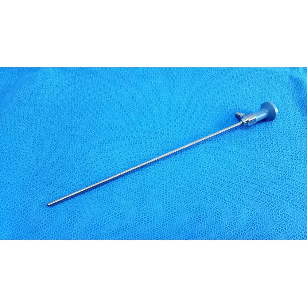 Silver surgical endoscope with slender metallic shaft and rounded handle from stryker ideal eyes 5mm autoclavable model