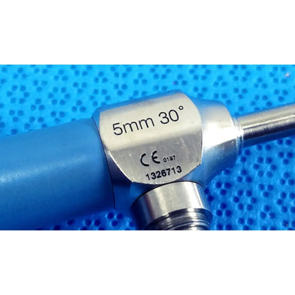 Blue and silver ideal eyes 5mm autoclavable endoscope with engraved specifications on metallic joint by stryker